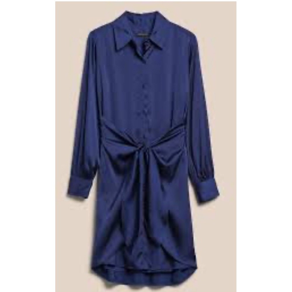 Banana Republic Dress Womens Medium Tall Navy Satin Tie Front Shirt Midi New